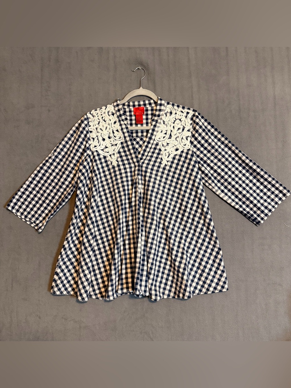 100% Cotton Blue White Gingham Check Embroidered V-Neck Tunic Top Sz L blouse